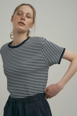 Stripe Rib Half Sleeve Tee : Navy Stripe