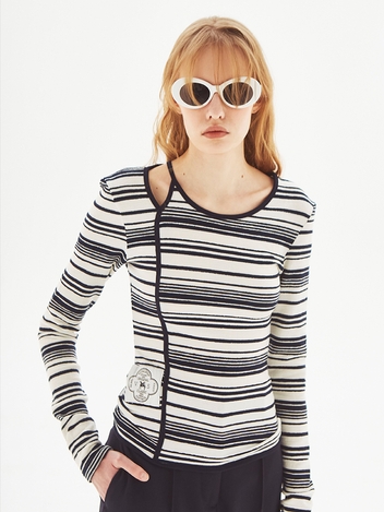 [LINE] Stripe Long Sleeve Slit Top