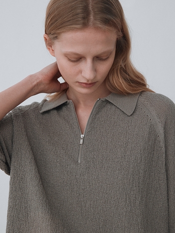 Linen cotton zipup collar pullover_Ash beige