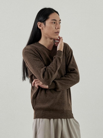 캐시 세미 브이넥 니트 티셔츠 (브라운)