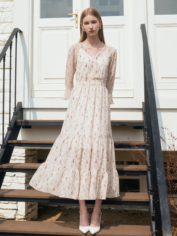 VANESSA  Vneck Flower Chiffon Tiered Dress_Ivory