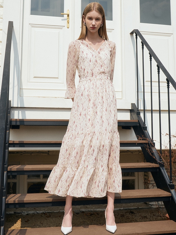 VANESSA  Vneck Flower Chiffon Tiered Dress_Ivory