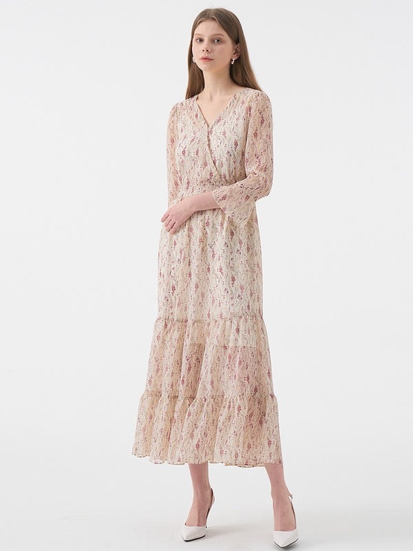 VANESSA  Vneck Flower Chiffon Tiered Dress_Ivory