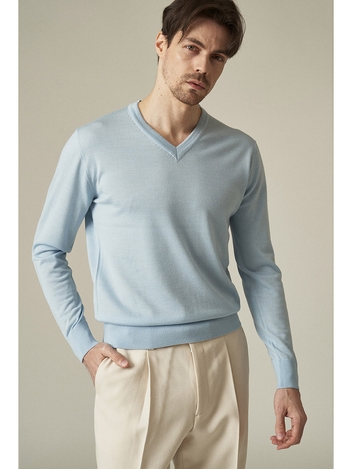 Silk Blended V-neck Sweater_Light Blue
