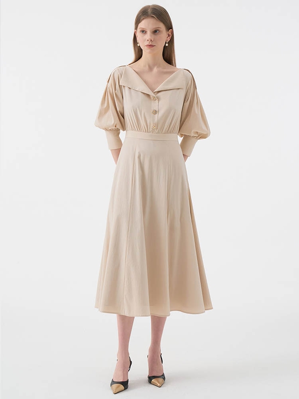 LEINA Deep Vneck Collar Flared Dress_Beige