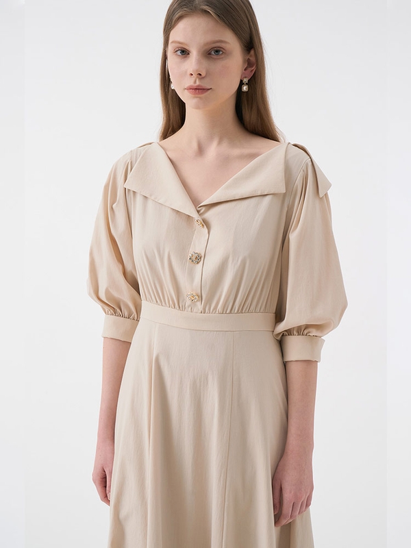 LEINA Deep Vneck Collar Flared Dress_Beige