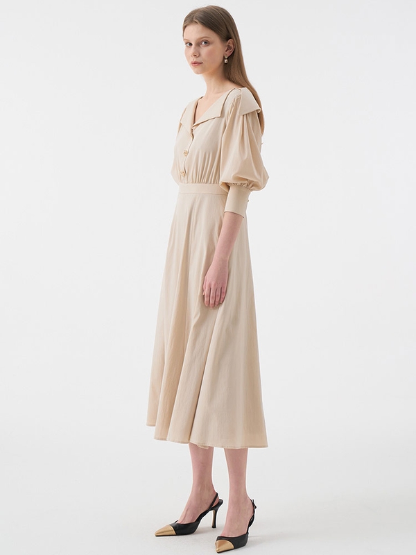 LEINA Deep Vneck Collar Flared Dress_Beige