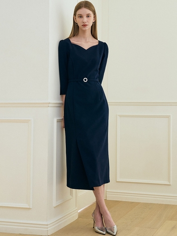 VALENTINA Heart neck Unbalanced Slit Belted Dress_Navy