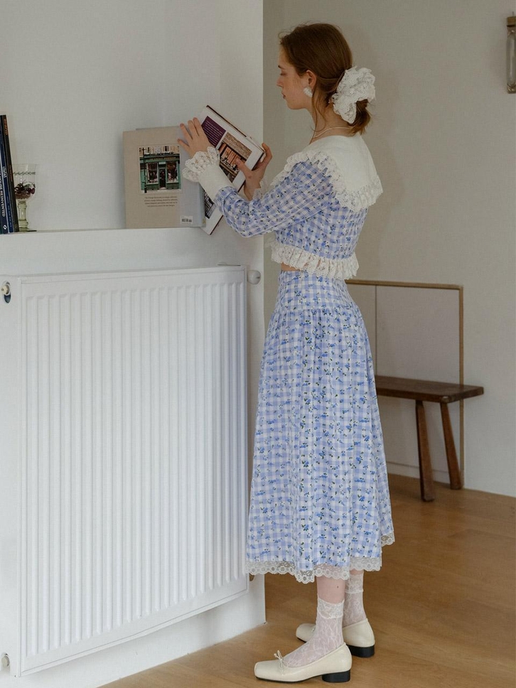 Cest_Ocean blue rose check set_skirt