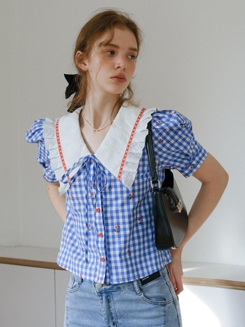 Cest_Cherry blue check bubble shirt