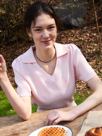 JACQUARD COLLAR V-NECK HALF KNIT_PINK