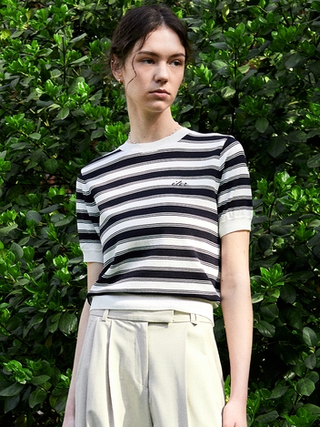 MIXED STRIPE HALF SLEEVE KNIT_NAVY
