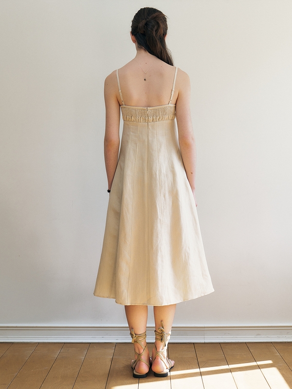 Berna_Linen Smocking Sleeveless Dress - Beige