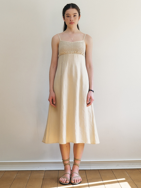 Berna_Linen Smocking Sleeveless Dress - Beige