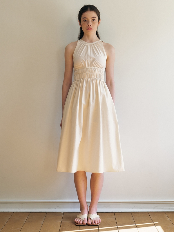 Giveny_Shirred Midi Waistband Dress_Beige