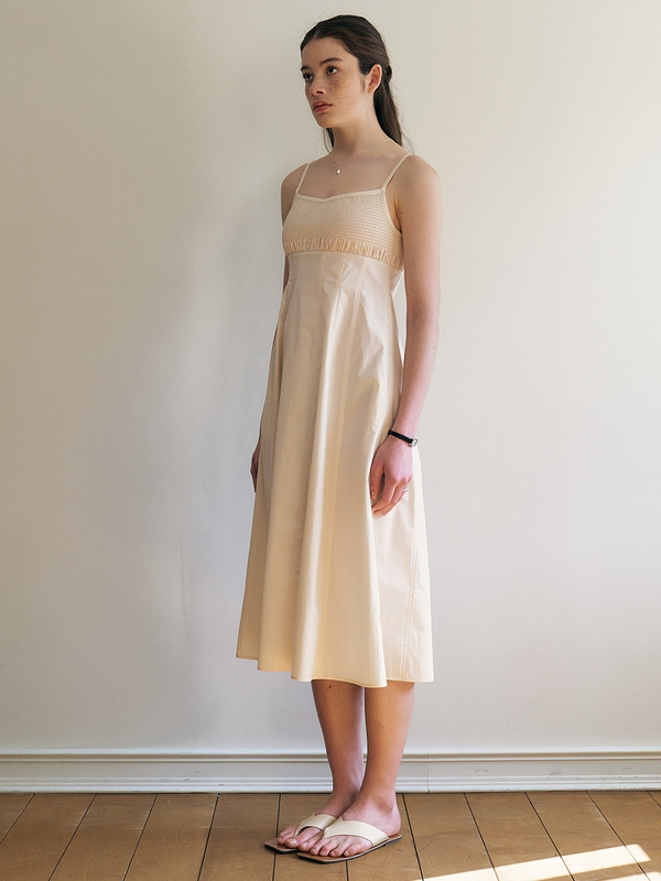 Berna_Cotton Smocking Sleeveless Dress - Ivory