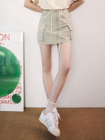[23HS] 라인 배색 카고 미니 스커트_KHAKI