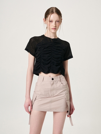 Knit Sleeve Shirring T-Shirt, Black
