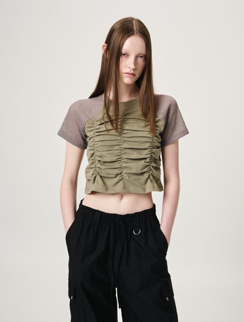 Knit Sleeve Shirring T-Shirt, Khaki