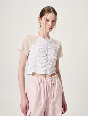 Knit Sleeve Shirring T-Shirt, Ivory