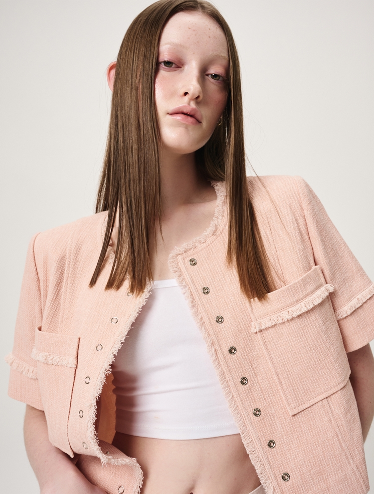 Fringe Detail Snap Jacket, Pink