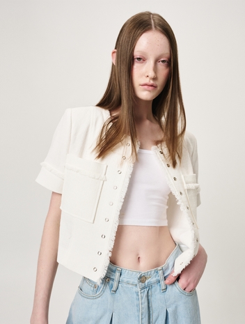 Fringe Detail Snap Jacket, White