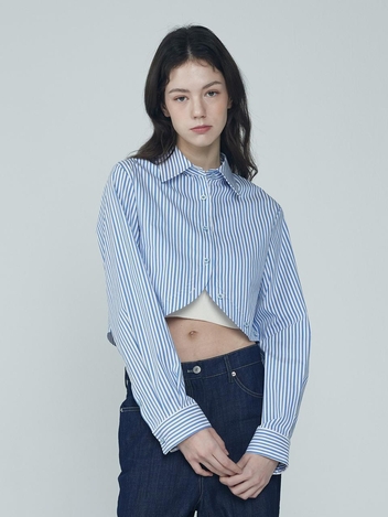 스트라이프 라운드 크롭 셔츠 (블루)