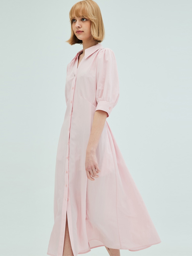 Open collar shirring detail shirt dress_pink