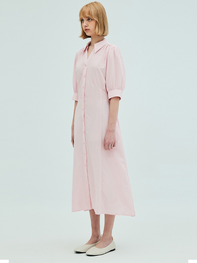 Open collar shirring detail shirt dress_pink