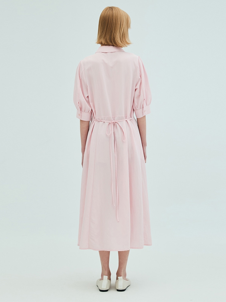 Open collar shirring detail shirt dress_pink