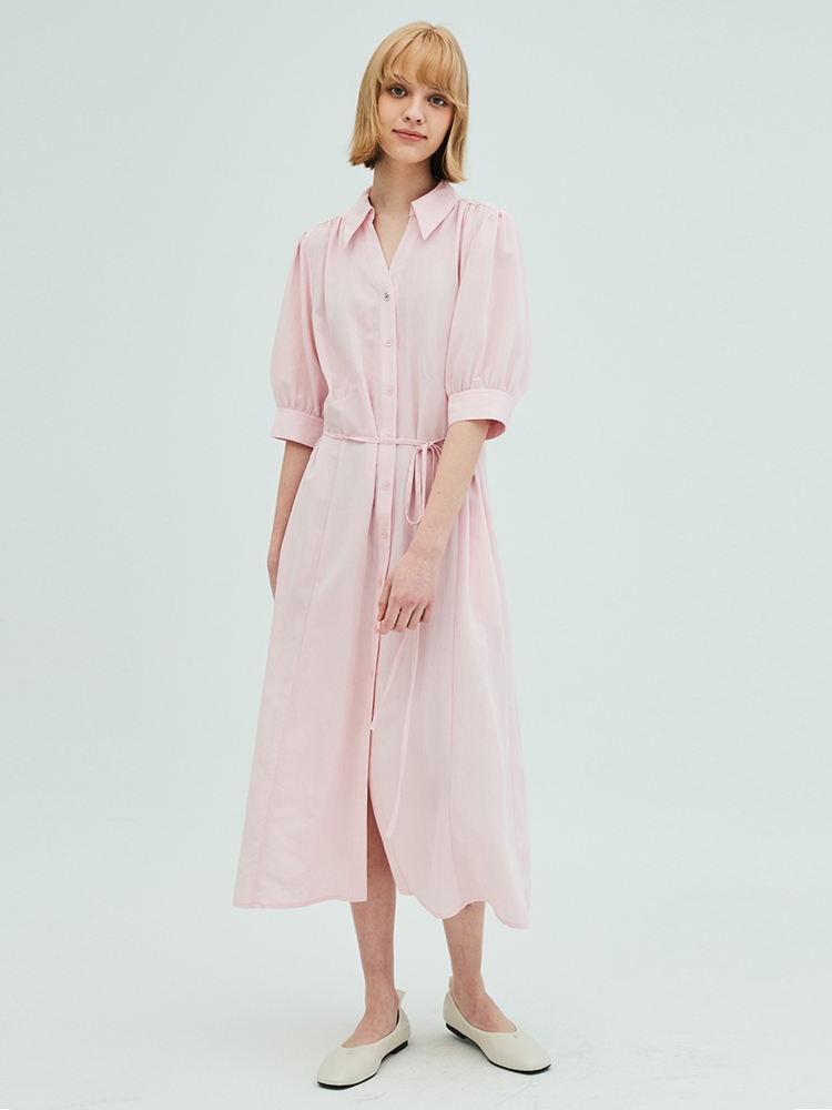 Open collar shirring detail shirt dress_pink