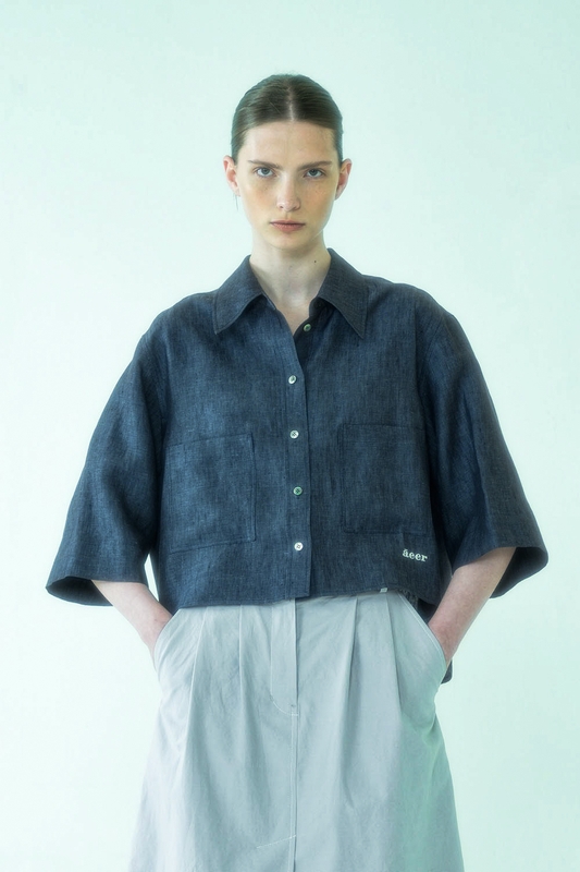 Shirts Crop Linen Blue