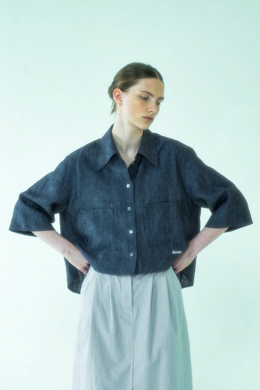 Shirts Crop Linen Blue