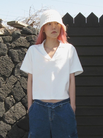 넥 슬릿 숏 슬리브 티셔츠 화이트