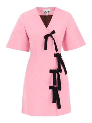 Ganni mini cotton dress with ribbons F7284 CV