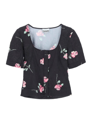 Ganni floral crinkle-effect satin top F7641