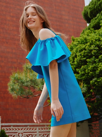 BIG FRILL OFF SHOURDER DRESS - BLUE