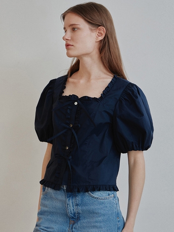 TAV SIGNATURE FRILL SQUARE NECK BLOUSE - NAVY