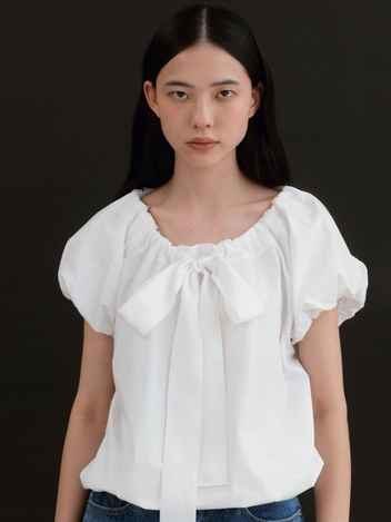 CO RIBBON TIE HALF SLEEVE BLOUSE_WHITE