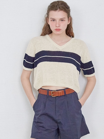 STRIPE V NECK KNIT - IVORY