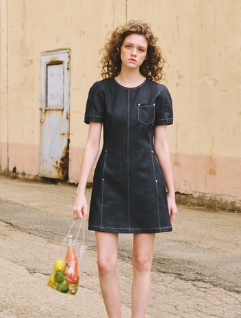 Raw Denim Stitch Mini Dress, Raw Denim