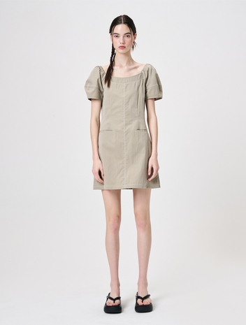 Stitch Puff Mini Dress, Light Khaki