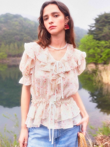 Frill Chiffon Ribbon Blouse (Flower)
