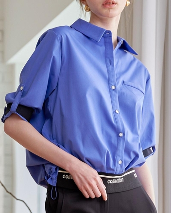 코발트 블루 칼라 밴딩 롤업 셔츠 블라우스 MK08BL601HJY