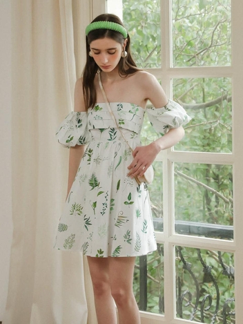 DD_Puff sleeve tube top leaf dress
