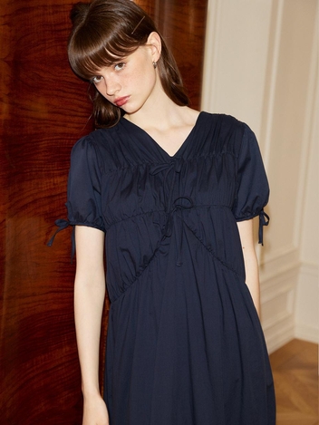 Ribbon Point Shirring Dress_ Navy