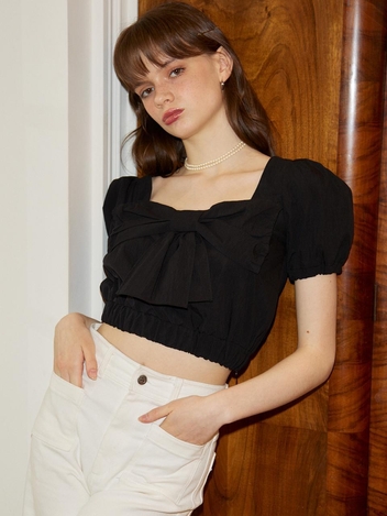 Puff Shoulder Ribbon Blouse_ Black