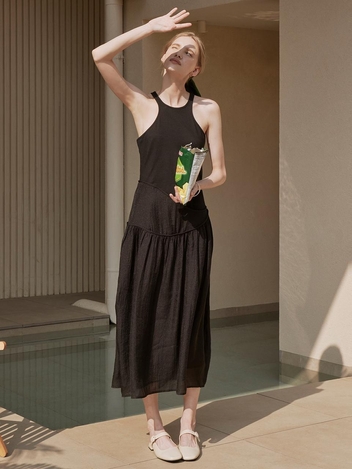 [HUNCH] Halter neck jersey blocking dress