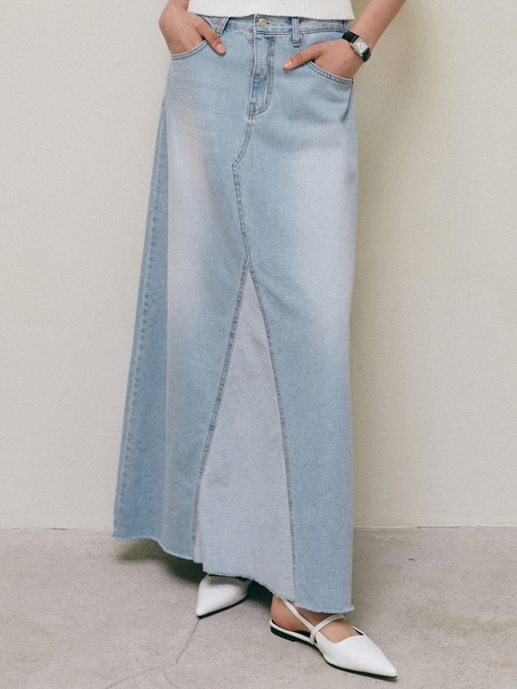 TWO TONE WASHING DENIM SKIRT_LIGHT BLUE