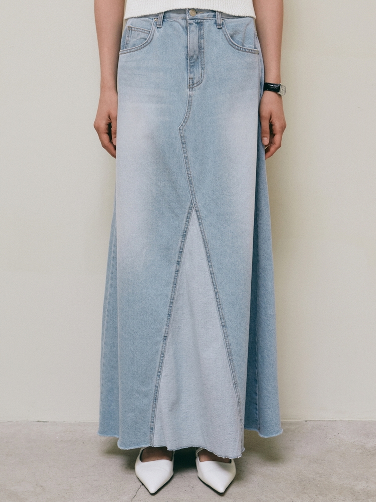 TWO TONE WASHING DENIM SKIRT_LIGHT BLUE